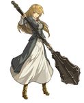  bad_id bad_pixiv_id blonde_hair elona golden_knight_(elona) greaves harusame_(rueken) long_hair mace open_mouth simple_background solo weapon white_background 