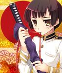  axis_powers_hetalia black_hair blush brown_hair japan_(hetalia) katana looking_at_viewer short_hair solo standing sword uniform weapon weapons 