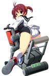  ass brown_eyes brown_hair chouzetsu_yarou from_behind hair_ornament hair_scrunchie hover_bike isshiki_akane kneehighs looking_back national_shin_ooshima_school_uniform orange_scrunchie school_uniform scrunchie short_hair short_shorts shorts solo vividred_operation 