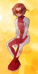  1boy bart_allen bodysuit boots brown_hair dc_comics fingerless_gloves flash_(series) gloves goggles impulse male male_focus red_shoes shoes simple_background sitting solo superhero yellow_eyes young_justice 