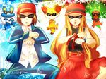  1boy 1girl bag bare_shoulders blonde_hair blue_eyes brown_eyes brown_hair calme_(pokemon) chespin dancing female_protagonist_(pokemon_xy) fennekin fire froakie gangnam_style goggles grey_background hat holding holding_poke_ball long_hair lowres male_protagonist_(pokemon_xy) official_style pantyhose parody poke_ball pokemon pokemon_(game) pokemon_xy serena_(pokemon) simple_background skirt standing title_drop ume_(plumblossom) very_long_hair water wink 