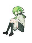  black_footwear black_legwear border_break dabu-chan damegane full_body green_eyes green_hair highres kneehighs leg_hug looking_at_viewer school_uniform serafuku shoes skirt sleeves_past_wrists smile socks solo transparent_background twintails 