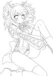  absurdres blush boots brooch cheria_barnes greyscale highres jewelry kneeling lineart looking_at_viewer monochrome panties short_hair shuragyoku_mami solo tales_of_(series) tales_of_graces thighhighs twintails two_side_up underwear 