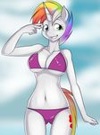  anthro anthrofied big_breasts blue_eye blue_eyes breasts cloud cutie_mark equine female friendship_is_magic green_eye green_eyes hair heterochromia horn horse kloudmutt mammal multi-colored_hair my_little_pony navel outside pony rainbow_hair sky smile solo swimsuit unicorn 