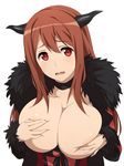  blush breast_squeeze breasts breasts_outside brown_hair choker covering covering_breasts covering_nipples demon_girl embarrassed fur horns large_breasts long_hair looking_at_viewer maou_(maoyuu) maoyuu_maou_yuusha official_style red_eyes shirokuma-kun simple_background solo upper_body wavy_mouth white_background 