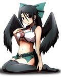 adapted_costume bad_id bad_pixiv_id bare_arms belt black_hair black_legwear black_wings bow breasts brown_eyes cleavage collarbone hair_bow hand_on_own_chest highres kuroba_rapid large_breasts long_hair looking_at_viewer midriff miniskirt navel no_shoes radiation_symbol reiuji_utsuho shirt sitting skirt solo thighhighs third_eye touhou underboob wariza wings 