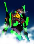  blue_background breath eva_01 fog from_below glowing glowing_eye highres hosaka_dx mecha neon_genesis_evangelion no_humans open_mouth simple_background solo standing tongue yellow_eyes 