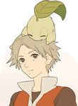  ^_^ bad_id bad_pixiv_id brown_eyes brown_hair chikorita closed_eyes gen_2_pokemon headwear_removed k-mica pokemon pokemon_(creature) pokemon_(game) pokemon_frlg red_(pokemon) red_(pokemon_frlg) smile upper_body 