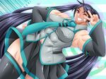  1girl bandaid black_hair complets cosplay detached_sleeves hatsune_miku_(cosplay) long_hair miniskirt muscle muscles navel necktie purple_eyes sarita_noriko skirt smile tan tanline thighhighs twintails v very_long_hair vocaloid wink 