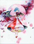  bat bat_wings blue_hair blush bouquet closed_eyes covering_mouth flower full_moon mary_janes moon night red_moon remilia_scarlet ribbon shoes solo touhou traditional_media tsuru watercolor_(medium) wings 