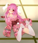  animal_ears back blush bunny_ears bunny_tail cup floral_print highres japanese_clothes kimono legs_up loki_78 long_hair long_sleeves looking_at_viewer looking_back lying obi off_shoulder on_ground on_stomach open_mouth pink_eyes pink_skirt purple_hair reisen_udongein_inaba sakazuki sash skirt solo tail tatami thighhighs touhou white_legwear wide_sleeves zettai_ryouiki 