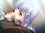  1girl blush collar fellatio game_cg goshujinsama_daisuki kuu_spitfire oral penis red_eyes school_uniform short_hair silver_hair uncensored 