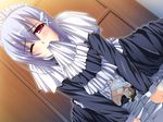  1girl bed blush clothed_sex game_cg goshujinsama_daisuki kuu_spitfire maid penis pussy red_eyes sex short_hair silver_hair uncensored vaginal wince 