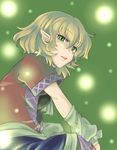  arm_warmers blonde_hair green_eyes lights looking_at_viewer looking_back mana_(tsurubeji) mizuhashi_parsee open_mouth pointy_ears scarf shirt sitting skirt solo touhou 
