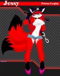  big_breasts blue_eyes breasts canine clothing collar cosplay cute female fox fur hair handcuffs jamesfoxbr jessy looking_at_viewer mammal multiple_tails poison poison_(final_fight) red_fur shackles smile solo standing whip 