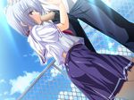  1girl blush cloud fellatio fence game_cg goshujinsama_daisuki kuu_spitfire maid_headdress oral penis red_eyes school_uniform short_hair silver_hair sky uncensored 