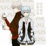  1girl ayanami_rei blue_hair contemporary cup drinking fashion fringe_trim hood hoodie mug nagisa_kaworu neon_genesis_evangelion poncho pouring rebuild_of_evangelion red_eyes short_hair usapopin white_hair 