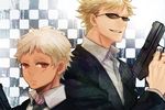  blonde_hair blue_eyes dark_skin dark_skinned_male formal gun h&amp;k_usp handgun heckler_&amp;_koch johnathan_mar jormungand kogitetuosero lutz multiple_boys necktie pistol red_eyes scar silver_hair suit sunglasses weapon white_hair 