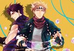  blonde_hair blue_eyes bubble facial_mark fingerless_gloves gloves green_eyes headband jojo_no_kimyou_na_bouken joseph_joestar_(young) kogitetuosero midriff multiple_boys purple_hair scarf 