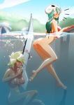  2girls artist_name ass barefoot bikini bleach blonde_hair blue_nails blue_sky bottomless breasts clothes_thief dark_skin espada facial_mark feet finger_to_mouth gairon green_eyes green_hair large_breasts long_hair multiple_girls nail_polish navel nelliel_tu_odelschwanck nipples nude outdoors parasol partially_submerged pool short_hair shushing skull sky soles submerged surprised swimsuit swimsuit_theft swimsuit_thief sword theft tier_harribel toes umbrella underwater water watermark weapon 