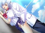  1girl bed blush breasts clothed_sex fence game_cg goshujinsama_daisuki kuu_spitfire maid red_eyes school_uniform sex short_hair silver_hair sky uncensored 