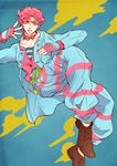  belt caesar_anthonio_zeppeli fabulous facial_mark feathers fingerless_gloves gloves green_eyes headband icoico jojo_no_kimyou_na_bouken male_focus pants red_hair solo striped striped_pants 