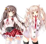  animal_ears animal_print black_hair black_legwear cat_ears cat_print cocoa_(cafe-hotcocoa) long_hair looking_at_viewer mouth_hold multiple_girls original paw_print red_eyes skirt standing thighhighs twintails white_hair white_legwear yellow_eyes 