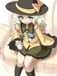  :d =3 ario arm_support armchair black_legwear blue_eyes chair couch dot_nose from_above green_hair hat hat_ribbon heart heart_of_string kneehighs komeiji_koishi lap_pillow_invitation looking_at_viewer open_mouth patting patting_lap ribbon sitting sketch smile solo third_eye touhou 