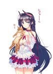  black_hair blue_eyes blush breasts cat cleavage coffee_cat collar garter_straps horns large_breasts long_hair looking_at_viewer open_mouth original skirt solo stuffed_animal stuffed_toy 