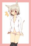  1girl animal_ears blush cat_ears cat_tail copyright_request flat_chest highres majima_yuki panties panty_pull red_eyes short_hair simple_background solo tail underwear white_background 