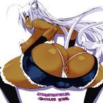 1girl animal_ears anus ass bare_shoulders breasts brown_skin cameltoe dark_skin dog_days female huge_ass large_breasts leonmitchelli_galette_des_rois long_hair looking_back nipples panties panties_aside photoshop poin_(hidsuki) profile short_shorts shorts sideboob simple_background smile solo tail thighhighs thighs uncensored underwear white_hair yellow_eyes 