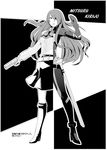  boots evoker greyscale gun hair_over_one_eye kirijou_mitsuru leon_(mikiri_hassha) long_hair monochrome persona persona_3 persona_4:_the_ultimate_in_mayonaka_arena school_uniform skirt solo weapon 