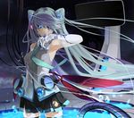 armpits cable elbow_gloves gloves glowing glowing_eye green_hair hair_over_one_eye hatsune_miku licking long_hair matsuike necktie skirt solo thighhighs tongue twintails very_long_hair vocaloid 