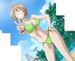  1girl bikini bra breasts eyes_closed kampfer kondou_mikoto mikoto_kondou ofto panties peace pool shiny shiny_skin side-tie_bikini solo stitch stitched swimsuit v 