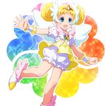  bare_legs blonde_hair bloomers blue_eyes brooch candy_(smile_precure!) choker double_bun earrings highres jewelry personification precure rainbow_background royal_candy sayousuke shoes short_hair skirt smile smile_precure! solo tiara underwear white_bloomers white_choker wrist_cuffs 