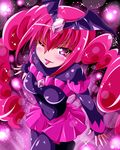 ;p bad_end_happy bad_end_precure black_bodysuit bodysuit covered_navel dark_persona highres kayama_kenji long_hair one_eye_closed pink_eyes pink_hair pink_skirt precure skirt smile smile_precure! solo sparkle tiara tongue tongue_out twintails 