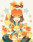  brown_hair calme_(pokemon) closed_eyes fangs fennekin gen_6_pokemon hat joycejiang male_focus pokemon pokemon_(creature) pokemon_(game) pokemon_xy sharp_teeth smile star sunglasses teeth too_many 