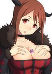  :o breast_tattoo breasts brown_hair choker cleavage collarbone grabbing hashi head_tilt horns large_breasts looking_at_viewer maou_(maoyuu) maoyuu_maou_yuusha open_mouth red_eyes short_hair simple_background solo tattoo upper_body white_background 