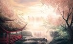  bad_id bad_pixiv_id cloud east_asian_architecture mountain no_humans original park_jae-cheol scenery sky tree water waterfall 