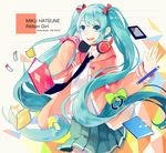  2012 aqua_eyes aqua_hair book character_name fen_renlei hatsune_miku headphones headphones_around_neck long_hair necktie open_mouth project_diva_(series) project_diva_f revision ribbon_girl_(module) skirt solo twintails very_long_hair vocaloid 