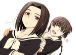  arima_nana black_hair blush braid breath brown_eyes brown_hair crossed_arms fang hands_on_shoulders heart long_hair maria-sama_ga_miteru multiple_girls sasaki_akira_(ugc) school_uniform serafuku shimazu_yoshino short_hair smile twin_braids 