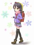  :o absurdres backpack bag black_hair black_legwear blush boots casual food gotou_hisashi hair_bobbles hair_ornament hat heart highres kitashirakawa_anko long_hair looking_at_viewer mochi one_side_up randoseru recorder_case scarf school_hat skirt solo tamako_market thighhighs wagashi yellow_eyes zettai_ryouiki 