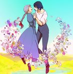  1girl blue_hair braid closed_eyes couple dress earrings floating flower grey_hair happy hetero highres holding_hands howl_(howl_no_ugoku_shiro) howl_no_ugoku_shiro jewelry pendant smile sophie_(howl_no_ugoku_shiro) studio_ghibli wattaro 