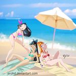  3girls beach bikini black_hair bow bra candace_flynn happy isabella panties phineas_and_ferb red_hair smile stacy swimsuit towels umbrella 