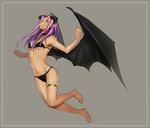  aqua_eyes barefoot bikini black_bikini breasts choker demon_girl erubo feet grey_background horns long_hair medium_breasts navel original pink_hair pointy_ears simple_background smile solo succubus swimsuit thighlet underboob wings 