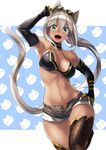  animal_ears aqua_eyes bad_id bad_pixiv_id bikini_top breasts cat_ears cat_tail choker dark_skin elbow_gloves eyewear_on_head fangs fishnets gloves hand_on_hip kaiten_muten-maru kyon_(fuuran) long_hair looking_at_viewer medium_breasts navel open_fly open_mouth shamu_meruruusa shiny shiny_skin short_shorts shorts silver_hair solo sunglasses tail thigh_gap thighhighs unzipped 