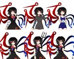 alphes_(style) alternate_costume asymmetrical_wings black_hair blush crossed_arms dress hand_on_hip hand_on_own_cheek highres holding houjuu_nue kaoru_(gensou_yuugen-an) looking_at_viewer one-piece_swimsuit one_eye_closed parody polearm red_eyes ribbon school_swimsuit short_dress short_hair short_sleeves smile snake style_parody sweater swimsuit touhou trident weapon wings 