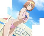  bikini bow bra brown_hair green_eyes innocent kampfer mishima_akane mouth_closed panties shiny shiny_skin swimsuit underwear 