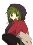  1girl anzu_(o6v6o) bangs black_legwear chin_rest elbows_on_knees expressionless green_eyes green_hair gumi hand_in_hair hood hood_up hoodie looking_at_viewer mismatched_sleeves pantyhose short_hair_with_long_locks simple_background solo squatting vocaloid white_background 