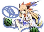  bad_id bad_pixiv_id barefoot belt blonde_hair blue_ribbon blush bow butterfly_sitting chain food fruit horn_ribbon horns ibuki_suika long_hair looking_at_viewer melon object_namesake oguro_(moyashi_2-hon) oni ribbon simple_background sitting solo touhou translated very_long_hair watermelon white_background wrist_cuffs yellow_eyes 